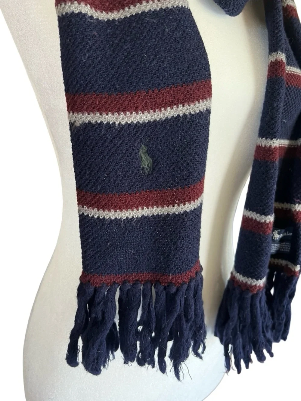 VTG POLO RALPH LAUREN 100% Merino Wool Striped Scarf Logo Blue Classic Luxe Prep